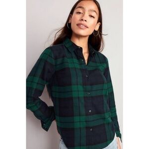 NWT Old Navy XS The Classic Shirt Blue Green Plaid Long Sleeve Button Down Top